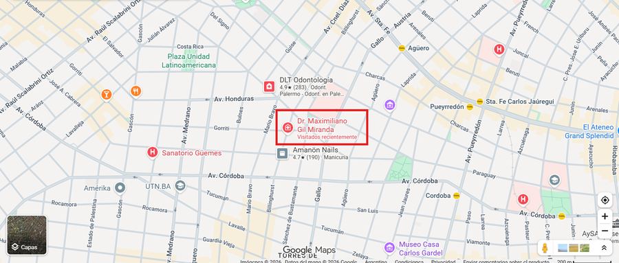 Ubicación del consultorio del Dr. Maximiliano Gil Miranda en Google Maps, Buenos Aires
